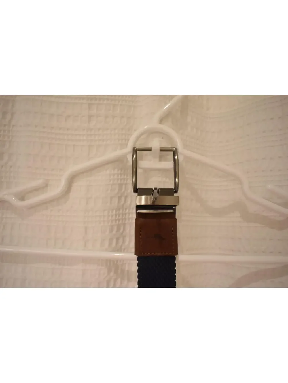 Navy Blue Woven Belt with Brown Leather Accents